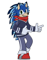 Size: 2200x2800 | Tagged: safe, artist:pegacousinceles, sonic the hedgehog, hedgehog, bandana, clenched teeth, colored ears, colored quills, fur markings, gloves, jumper, looking at viewer, male, pants, pointing, redesign, shoes, simple background, socks, solo, standing, transparent background