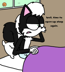 Size: 1275x1414 | Tagged: safe, artist:professorventurer, oc, oc:tyler the skunk, skunk, basketball, bed, flat colors, male, mobius.social exclusive, no source, solo, topless, underpants, window