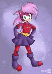 Size: 1024x1449 | Tagged: safe, artist:esonic64, sonia the hedgehog, hedgehog, sonic underground, abstract background, boots, gloves, hands on hips, looking at viewer, mouth open, smile, solo, standing