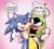 Size: 2200x2000 | Tagged: safe, artist:maniacxvii, artist:ppdppl_art, sonic the hedgehog, surge the tenrec, hedgehog, tenrec, dialogue, female, gradient background, holding them, looking at each other, male, proship, shipping, sonurge, straight