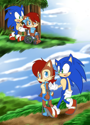 Size: 2076x2888 | Tagged: safe, artist:chicaaaaa, sally acorn, sonic the hedgehog, chipmunk, hedgehog, age progression, child, crutches, disabled, duo, sally x sonic, scars, shipping, straight, wheelchair