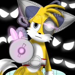 Size: 720x720 | Tagged: safe, artist:theshyartist, miles "tails" prower, fox, alignment swap, black background, cyborg, cyborg tails, lidded eyes, looking at viewer, pointing gun at viewer, simple background, solo, sonic lost world, standing, straight face, this will end in injury and/or death