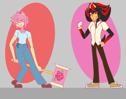 Size: 4200x3300 | Tagged: safe, artist:legyolk, amy rose, shadow the hedgehog, hedgehog, aged up, alternate outfit, alternate universe, amy x shadow, au:the bright zone, duo, female, male, redesign, shipping, straight