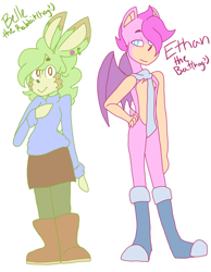 Size: 2450x3150 | Tagged: safe, artist:legyolk, oc, oc:belle the rabbit, oc:ethan the bat, bat, rabbit, au:the bright zone, duo, fankid, female, magical lesbian spawn, male, parent:cream, parent:manik, parent:rouge, parent:sonia, parents:manream, parents:rougia, simple background, white background