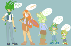 Size: 4836x3150 | Tagged: safe, artist:legyolk, cream the rabbit, oc, oc:belle the rabbit, oc:july the bun-hog, oc:lilly the hedgehog, hedgehog, rabbit, aged up, alternate outfit, au:the bright zone, blue background, child, crack shipping, fankid, female, male, manic the hedgehog, manream, parent:cream, parent:manic, parents:manream, shipping, simple background, straight