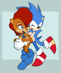 Size: 1322x1592 | Tagged: safe, artist:hearttheglaceon, sally acorn, sonic the hedgehog, chipmunk, hedgehog, hugging from behind, sally x sonic, shipping, straight