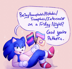 Size: 2270x2192 | Tagged: safe, artist:123abcdrawwithme, sonic the hedgehog, hedgehog, alone on a friday night, beige background, bisexual pride, dialogue, english text, gay pride, gloves, god you're pathetic, holding something, intersex pride, leg up, lidded eyes, looking at viewer, lying down, male, meme, mouth open, pride flag, shoes, simple background, socks, solo, sparkles, speech bubble, talking to viewer, trans pride