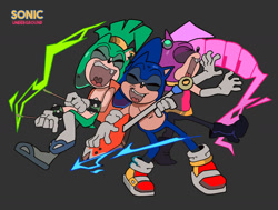 Size: 1280x967 | Tagged: safe, artist:penbee, manik the hedgehog, sonia the hedgehog, sonic the hedgehog, sonic underground, drumsticks, grey background, guitar, piano, siblings, simple background, singing, trio