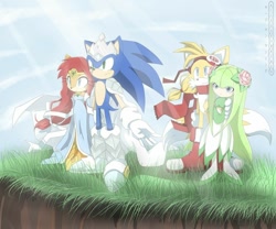 Size: 1200x1000 | Tagged: safe, artist:brandonallen1213, cosmo the seedrian, miles "tails" prower, sally acorn, sonic the hedgehog, group, sally x sonic, shipping, straight, tailsmo