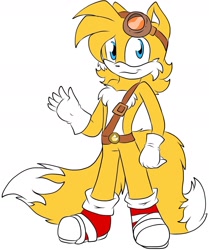 Size: 1283x1536 | Tagged: safe, artist:sparklegirl13, miles "tails" prower, fox, belt, flat colors, gloves, goggles on head, looking at viewer, male, shoes, simple background, small ears, smile, socks, solo, sonic boom (tv), standing, waving, white background