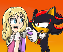 Size: 2445x2028 | Tagged: safe, artist:musicalnerd89, shadow the hedgehog, duo, gradient background, helen, looking at each other, mouth open, wheelchair