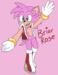 Size: 540x700 | Tagged: safe, artist:sonicaspeed123, amy rose, hedgehog, boots, character name, english text, fangs, gloves, jacket, looking ahead, mouth open, pink background, scars, simple background, socks, solo, top surgery scars, trans boy amy, trans male, transgender, waving