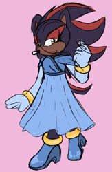 Size: 627x960 | Tagged: safe, artist:sonicaspeed123, shadow the hedgehog, hedgehog, alternate universe, au:girls girls girls (sonicaspeed123), clenched fist, dress, girlflux, gloves, heels, lidded eyes, long gloves, looking at viewer, pink background, simple background, smile, solo, trans female, trans girl shadow, transgender, walking