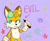Size: 800x650 | Tagged: safe, artist:doubleboostz, miles "tails" prower, fox, abstract background, colored ears, english text, evil grin, gloves, goggles, goggles on head, holding something, looking offscreen, male, marker pen, solo, standing, text
