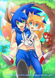 Size: 1334x1888 | Tagged: dead source, safe, artist:felicia-val, knuckles the echidna, miles "tails" prower, sonic the hedgehog, human, 2009, abstract background, anime, child, clenched fists, clouds, crop jacket, cute, gloves, grass, humanized, looking at viewer, loop, males only, palm tree, pants, partially humanized, riding on back, running, shoes, shorts, smile, socks, sonabetes, star (symbol), tailabetes, team sonic, teenager, trio, two tails, v sign