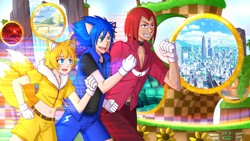 Size: 1920x1080 | Tagged: safe, artist:moonlight7earltea, knuckles the echidna, miles "tails" prower, sonic the hedgehog, human, green hill zone, abstract background, belt, button-up shirt, clenched fists, clenched teeth, crop jacket, furry collar, gloves, humanized, jacket, looking ahead, loop, male, males only, mouth open, pants, partially humanized, portal, ring, running, shorts, smile, spiked collar, sunflower, team sonic, totem pole, trio, youtube link in description