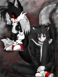 Size: 1944x2592 | Tagged: semi-grimdark, artist:wolfkice, miles "tails" prower, oc, oc:tails.exe, fox, human, 2014, abstract background, black sclera, bleeding, bleeding from eyes, blood, duality, duo, fox ears, frown, gloves, humanized, long-sleeved shirt, looking down, male, pants, partially humanized, red eyes, sad, scarf, shoes, sitting, socks, standing