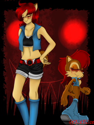 Size: 1944x2592 | Tagged: semi-grimdark, artist:wolfkice, sally acorn, oc, oc:sally.exe, human, 2014, abstract background, belt, bleeding, bleeding from eyes, blood, border, duo, eye trauma, hand on hip, humanized, partially humanized, sally's vest and boots, smile, standing, stitches