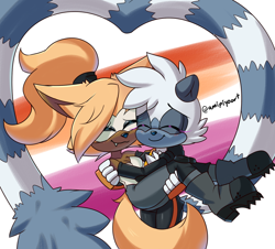 Size: 1050x950 | Tagged: safe, artist:amipiyoart, artist:melliepiyo, tangle the lemur, whisper the wolf, lemur, wolf, abstract background, carrying them, duo, eyes closed, female, females only, floppy ears, hair over one eye, heart tail, holding each other, lesbian, lesbian pride, one fang, pride, pride flag, shipping, smile, standing, tangabetes, tangle x whisper, whispabetes