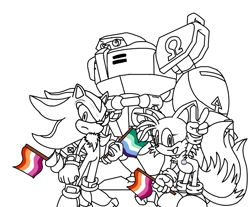 Size: 653x540 | Tagged: safe, artist:taeko, e-123 omega, miles "tails" prower, shadow the hedgehog, fox, hedgehog, au:not fully dark (taeko), frown, gloves, holding something, lesbian pride, looking at viewer, looking offscreen, mlm pride, monochrome, mouth open, no source, pride, pride flag, pride pin, robot, shoes, simple background, socks, standing, trans female, trans girl tails, trans pride, transgender, trio, v sign, white background