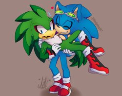 Size: 1168x918 | Tagged: safe, artist:jyllhedgehog367, jet the hawk, sonic the hedgehog, bird, hedgehog, 2019, beige background, blushing, boots, carrying them, chest fluff, duo, eyes closed, gay, gloves, hawk, heart, jet x sonic, looking down, mouth open, shipping, shoes, signature, simple background, smile, socks, standing, sunglasses