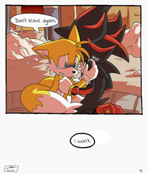 Size: 612x720 | Tagged: safe, artist:nannelflannel, miles "tails" prower, shadow the hedgehog, fox, hedgehog, comic:sonic forces you to cry, sonic forces, alternate universe, clenched teeth, comforting, comic, crying, dialogue, duo, gloves, kneeling, male, males only, shoes, speech bubble, tears of fear