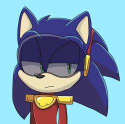 Size: 1852x1836 | Tagged: safe, artist:interstellarchaosss, sonic the hedgehog, zonic the zone cop, hedgehog, blue background, frown, lidded eyes, looking offscreen, male, simple background, solo, standing