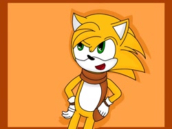 Size: 1280x960 | Tagged: safe, artist:meltheartist, oc, oc:sam the hedgehog, hedgehog, abstract background, border, fankid, gloves, green eyes, hands on hips, looking up, magical gay spawn, male, mouth open, parent:sonic, parent:tails, parents:sontails, raised eyebrow, scarf, solo, standing, white fur, yellow fur