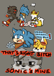 Size: 1000x1400 | Tagged: safe, artist:dragnoodlez, miles "tails" prower, shadow the hedgehog, sonic the hedgehog, fox, hedgehog, ..., close-up, cute, dialogue, english text, exclamation mark, frown, gay, grey background, male, males only, shadabetes, shipping denied, simple background, sonabetes, sonic boom (tv), sonic x tails, tailabetes, trio, walking