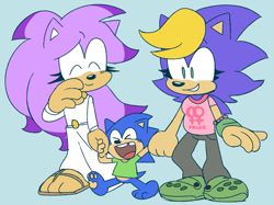 Size: 1381x1033 | Tagged: safe, artist:cherucat, bernadette hedgehog, queen aleena, sonic the hedgehog, hedgehog, sonic underground, aleenabetes, aleenadette, alternate outfit, bernabetes, blue background, child, crack shipping, cute, eyes closed, female, holding hands, lesbian, lesbian symbol, looking at them, magical lesbian spawn, male, mother and son, mouth open, pawpads, shipping, simple background, smile, sonabetes, trio, walking