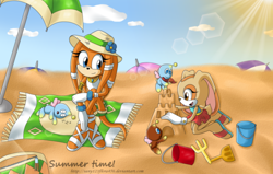 Size: 1712x1088 | Tagged: safe, artist:xxsunny-bluexx, cheese (chao), chocola (chao), cream the rabbit, tikal, chao, echidna, rabbit, beach, cheeseabetes, child, chocolabetes, creamabetes, cute, female, group, neutral chao, tikalbetes