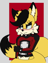 Size: 3120x4160 | Tagged: safe, artist:justsomeidiotonline, miles (anti-mobius), fox, abstract background, black tipped ear, black tipped tail, blushing, border, colored ears, cute, ear fluff, fingerless gloves, frown, hand on arm, lidded eyes, looking offscreen, male, milesbetes, solo, spiked bracelet, spiked collar, sweatdrop, two tails