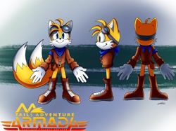 Size: 2732x2048 | Tagged: safe, artist:zeldalegends4525, miles "tails" prower, fox, abstract background, aged up, alternate view, aviator jacket, back view, bandana, belt, boots, gloves, goggles, looking at viewer, male, redesign, side view, smile, socks, solo, standing, tails adventure armada (fanproject)