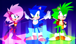 Size: 1895x1111 | Tagged: safe, artist:drawloverlala, manik the hedgehog, sonia the hedgehog, sonic the hedgehog, hedgehog, sonic underground, cute, female, lineless, male, manikbetes, sonabetes, soniabetes, trio