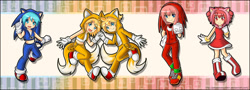 Size: 2000x722 | Tagged: safe, artist:sandargh, amy rose, knuckles the echidna, miles "tails" prower, sonic the hedgehog, cosplay, group, hatsune miku, kagamine len, kagamine rin, kasane teto, megurine luka, vocaloid