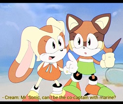 Size: 1024x868 | Tagged: safe, artist:koasku, sonic ova, cream the rabbit, marine the raccoon, sonic the ova, abstract background, dialogue, duo, english text, female, implied sonic