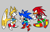 Size: 738x471 | Tagged: safe, artist:cosmic_fall, knuckles the echidna, miles "tails" prower, sonic the hedgehog, female, females only, flat colors, grey background, looking offscreen, modern style, no mouth, simple background, spinning tails, standing, team sonic, trans female, trans girl knuckles, trans girl sonic, trans girl tails, transgender, trio