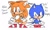Size: 512x307 | Tagged: safe, artist:mikudecora, miles "tails" prower, sonic the hedgehog, fox, hedgehog, 2022, character name, classic sonic, classic sonic (universe), classic tails, duo, english text, looking at viewer, male, males only, simple background, species swap, standing, two tails, white background