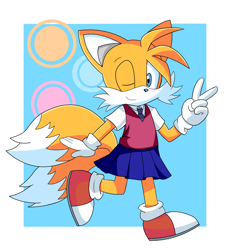 Size: 1260x1372 | Tagged: safe, artist:patarter48, miles "tails" prower, fox, 2022, abstract background, blushing, border, crossdressing, femboy, gloves, looking at viewer, male, modern tails, running, schoolgirl outfit, shoes, skirt, smile, socks, solo, tie, v sign, wink