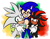 Size: 900x700 | Tagged: safe, artist:luucalio, shadow the hedgehog, silver the hedgehog, sonic the hedgehog, hedgehog, 2019, abstract background, arms around another's shoulders, chest fluff, clenched teeth, double v sign, eyes closed, frown, gay, gloves, heart, lidded eyes, looking offscreen, male, males only, polyamory, shadow x silver x sonic, shadow x sonic, shipping, silver x sonic, smile, standing, sweatdrop, trio