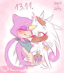 Size: 1600x1816 | Tagged: dead source, safe, artist:puffinpermuffin, espio the chameleon, silver the hedgehog, hedgehog, 2019, abstract background, anniversary, bandana, blushing, candle, chameleon, chest fluff, cupcake, duo, espibetes, eyes closed, gay, hand on another's hip, hand on another's shoulder, holding something, looking at them, male, males only, mouth open, one eye closed, shipping, silverbetes, silvio, smile