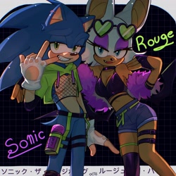 Size: 3600x3600 | Tagged: dead source, safe, artist:octoooo__, rouge the bat, sonic the hedgehog, club outfit, duo, fishnets, glasses, looking at viewer, one fang, top surgery scars, trans male, water bottle