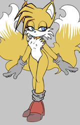 Size: 1500x2344 | Tagged: safe, artist:taeko, miles "tails" prower, oc, oc:villain miles, fox, comic:where was my hero?, base used, chest fluff, ear fluff, eyelashes, female, frown, gender swap, gloves, grey background, heels, lidded eyes, looking offscreen, mobius.social exclusive, simple background, socks, solo, standing, trans female, transgender