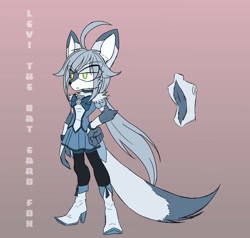 Size: 1024x976 | Tagged: safe, artist:lyrexios creator guardian, oc, oc:levi the bat eared fox, fox, 2020, alternate version, arm fluff, bat-eared fox, bow, crossdressing, dress, eyes clipping through hair, femboy, frown, green eyes, hand on hip, heels, lidded eyes, looking offscreen, male, oc only, ponytail, solo