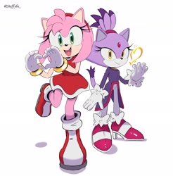 Size: 2018x2048 | Tagged: safe, artist:steffy_bs, amy rose, blaze the cat, amy's halterneck dress, blaze's tailcoat, duo, heart hands