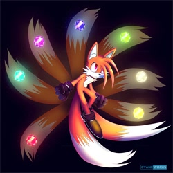 Size: 1024x1024 | Tagged: safe, artist:cyaneworks, miles "tails" prower, super tails, 2022, alternate super form, black background, brown gloves, brown shoes, chaos emerald, clenched fists, fanfiction art, frown, hair over one eye, kitsune, looking offscreen, nine tails, red eyes, simple background, solo, super form