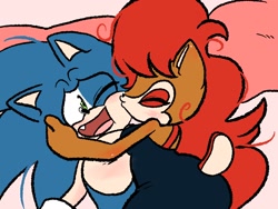 Size: 2048x1536 | Tagged: safe, artist:butterrrmoth, sally acorn, sonic the hedgehog, duo, kiss on cheek, sally x sonic, shipping, straight