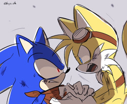 Size: 1280x1049 | Tagged: safe, artist:huyusth, miles "tails" prower, sonic the hedgehog, 2021, angry, arguement, bandana, belt, clenched teeth, duo, glowing eyes, goggles on head, grey background, looking at each other, male, males only, modern sonic, modern tails, mouth open, red eyes, scratch (injury), shadow (lighting), shrunken pupils, simple background, sketch, sonic boom (tv), tears of anger