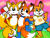 Size: 1304x1000 | Tagged: safe, artist:nishi, miles "tails" prower, fox, 2021, :3, abstract background, arm around shoulders, bosky the fox, cape, crossover, fangs, flat colors, leg up, looking at viewer, lucky swiftail, male, males only, mouth open, outdoors, smile, standing on one leg, trio, trio male, waving