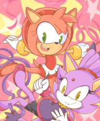 Size: 800x970 | Tagged: safe, artist:piink-rose, amy rose, blaze the cat, cat, hedgehog, 2012, amy x blaze, cute, duo, female, females only, gymnastic, gymnastic outfit, lesbian, looking at viewer, mario & sonic at the olympic games, ribbon, ribbon dance, shipping, star (symbol)